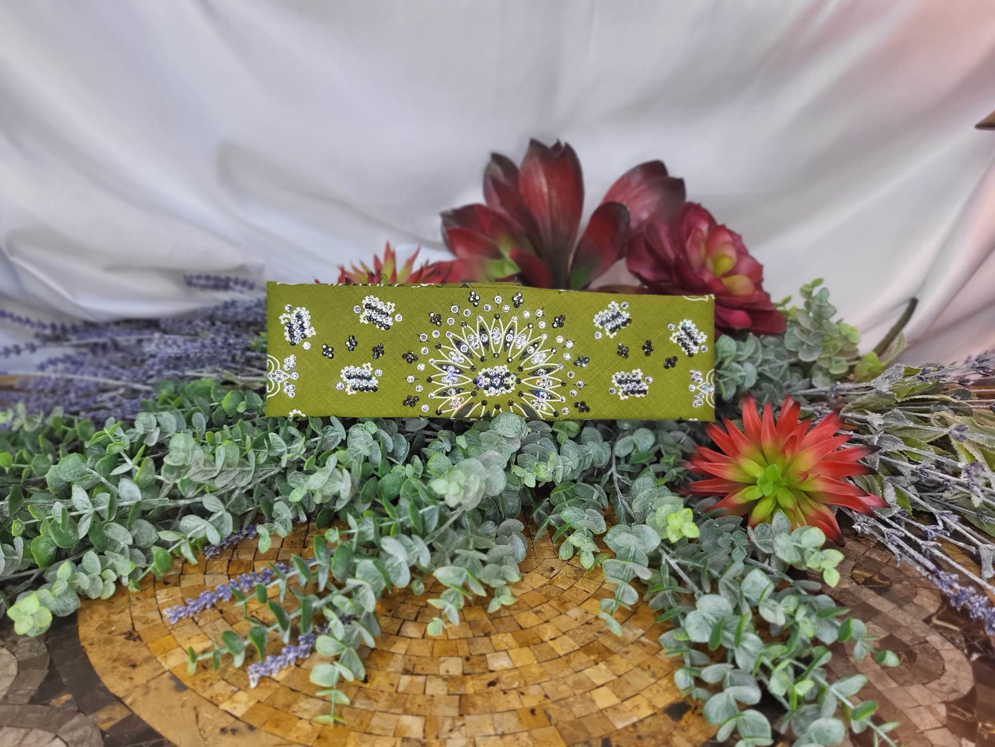 LeeAnnette Olive Green Paisley Bandana with Black and Diamond Clear Austrian Crystals (Sku4330)