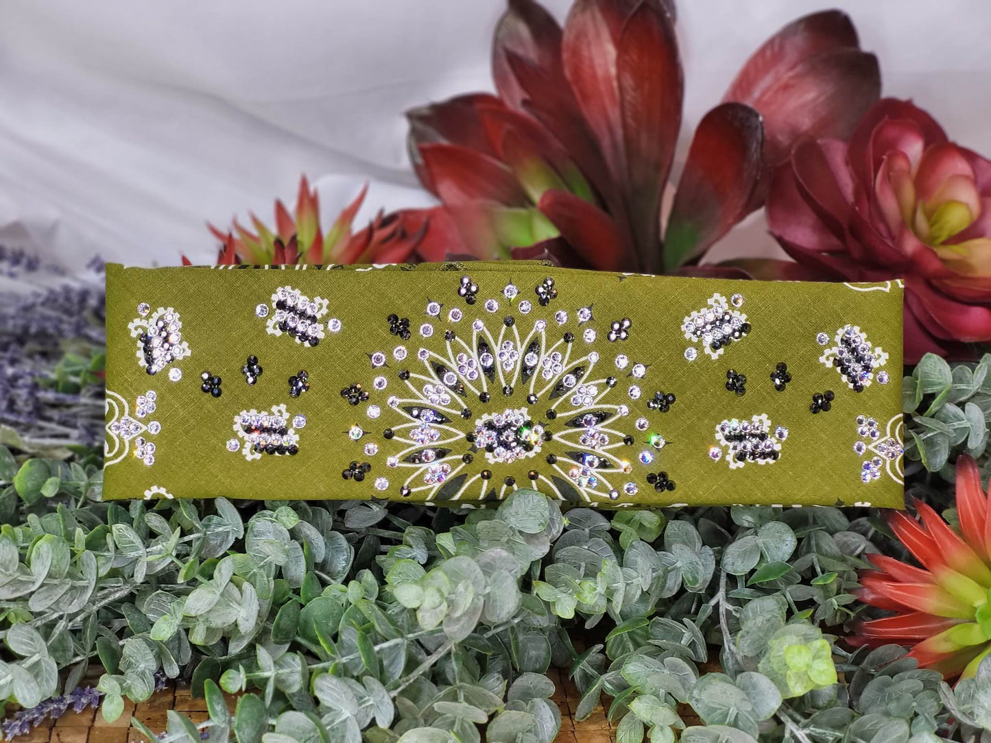 LeeAnnette Olive Green Paisley Bandana with Black and Diamond Clear Austrian Crystals (Sku4330)