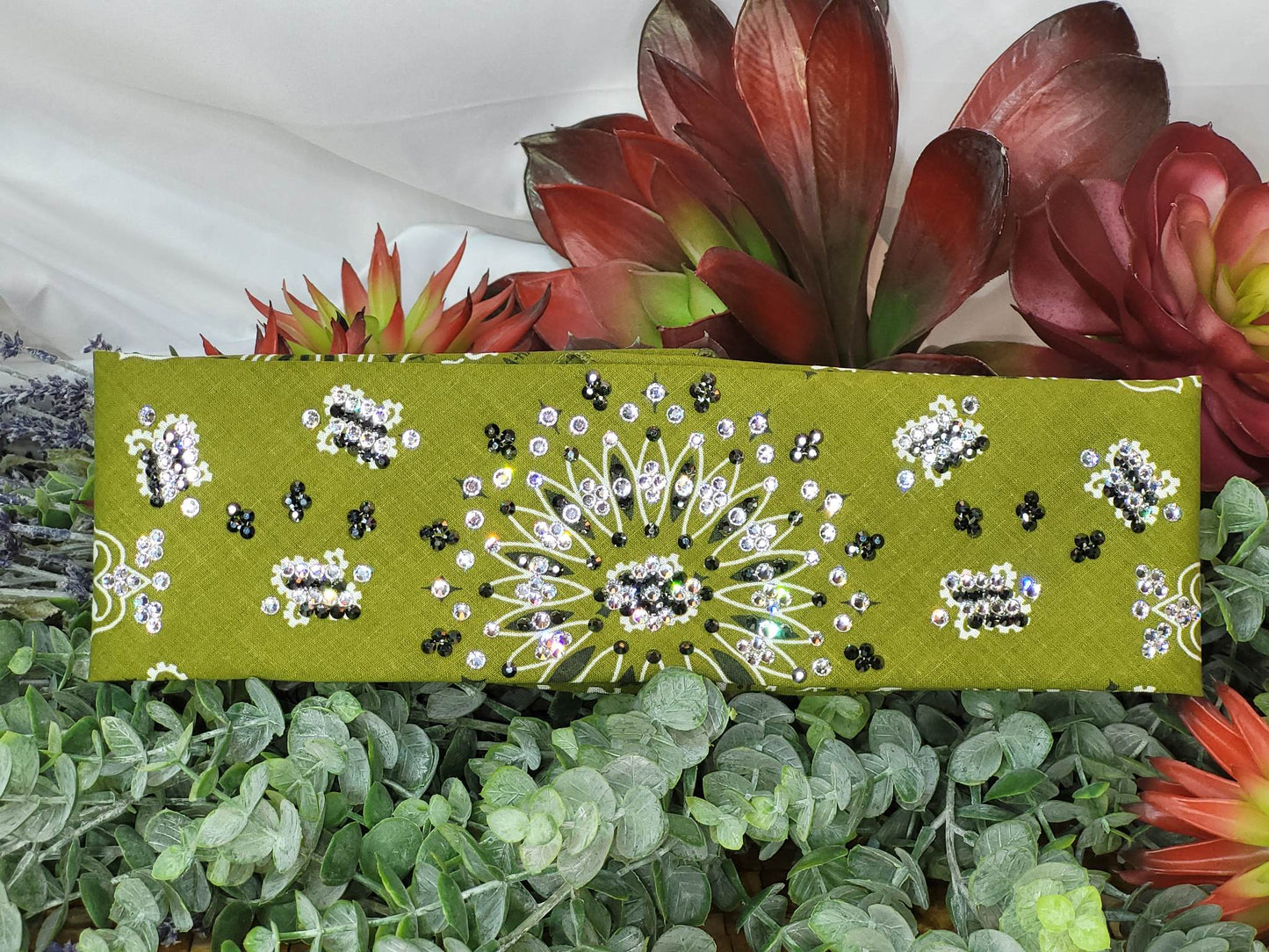 LeeAnnette Olive Green Paisley Bandana with Black and Diamond Clear Austrian Crystals (Sku4330)