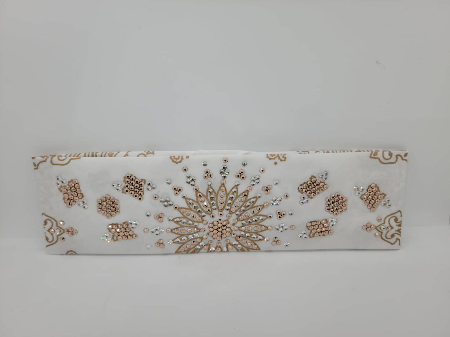 LeeAnnette Gold Paisley Bandana on White with Rose Gold and Diamond Clear Crystals (Sku4355)