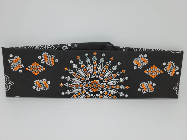 LeeAnnette Black Paisley Bandana with Orange, Black and Diamond Clear Austrian Crystals (Sku4357)