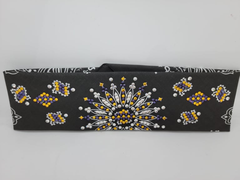 LeeAnnette Black Paisley Bandana with Yellow, Purple and Diamond Clear Austrian Crystals (Sku4363)