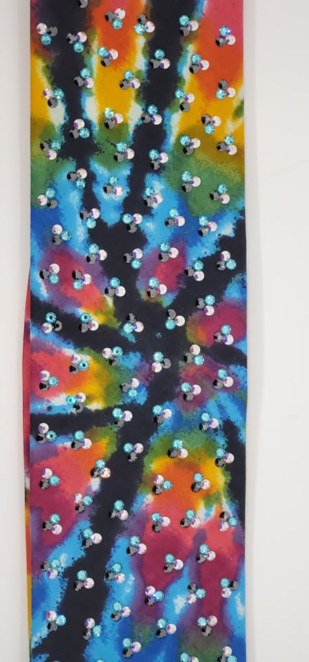 LeeAnnette Tie Dye and Black Streaks Bandana with Black, Turquoise and Aurora Borealis Austrian Crystals (SKU4382)