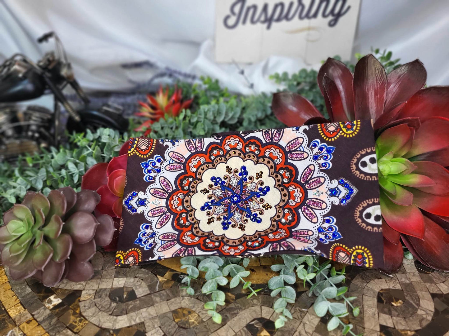 LeeAnnette Wide Cream and Brown Indian Design with Brown, Blue, Pink and Diamond Clear Crystals (Sku4423)