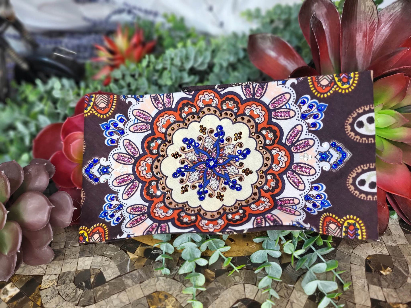 LeeAnnette Wide Cream and Brown Indian Design with Brown, Blue, Pink and Diamond Clear Crystals (Sku4423)