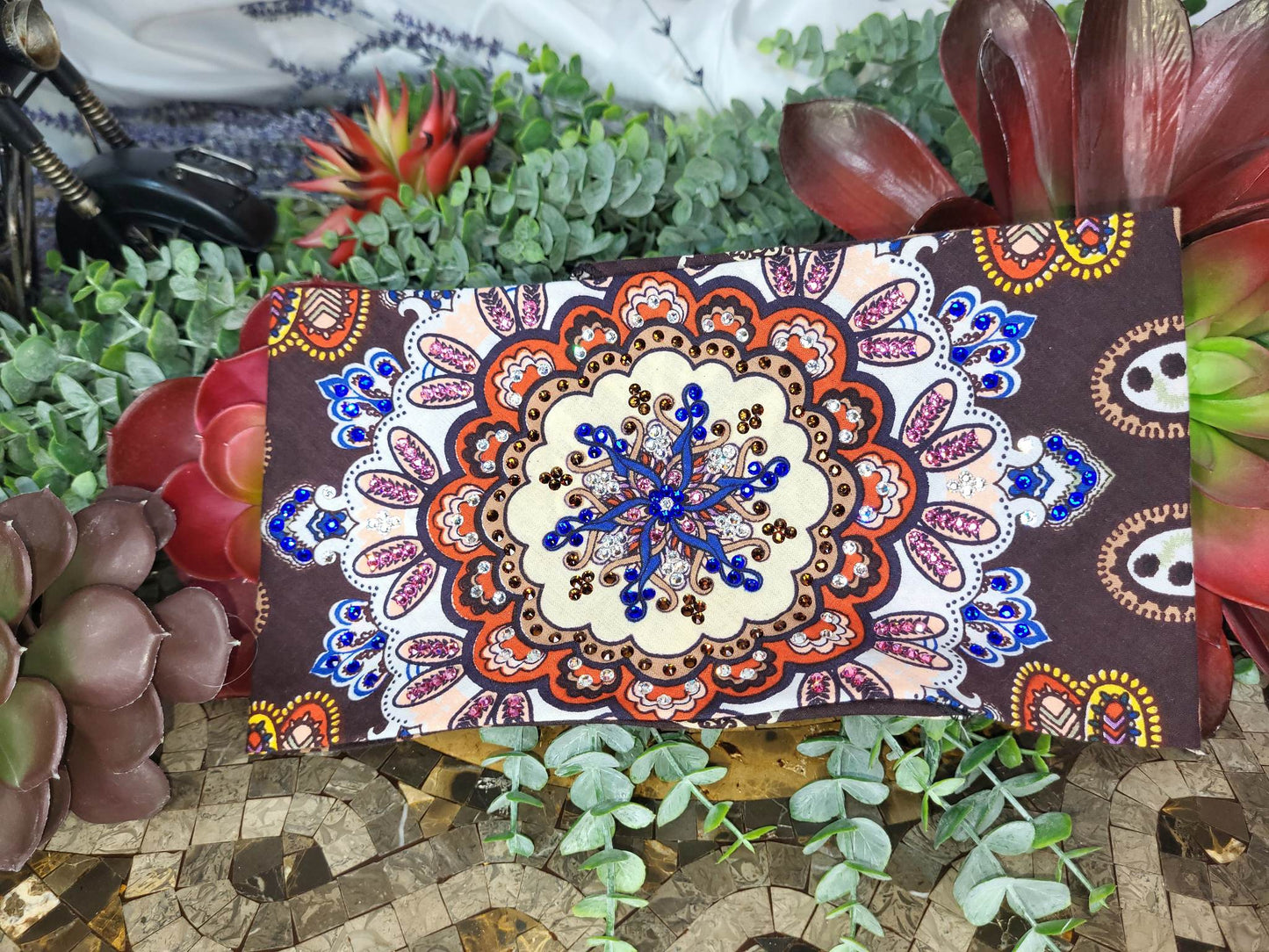 LeeAnnette Wide Cream and Brown Indian Design with Brown, Blue, Pink and Diamond Clear Crystals (Sku4423)