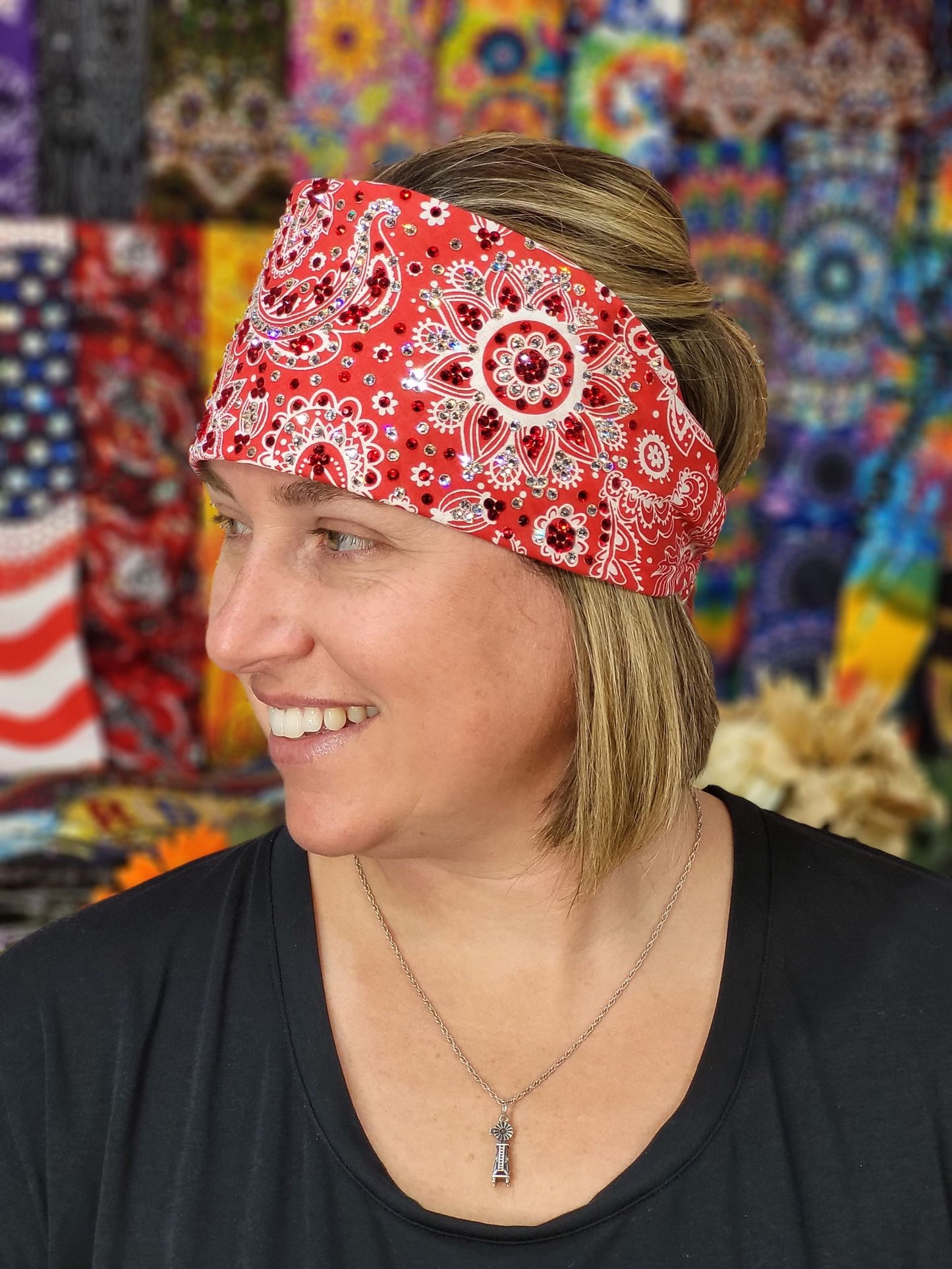 Super LeeAnnette White Paisley on Red Bandana with Red and Diamond Clear Austrian Crystals (sku4424)