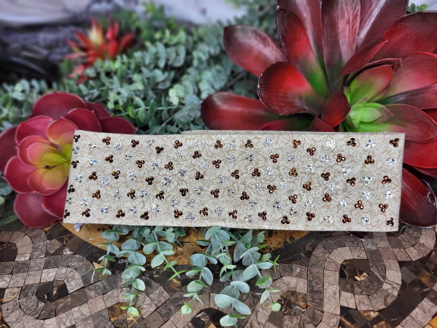 LeeAnnette Tan Flowers with Brown and Diamond Clear Austrian Crystals (Sku4429)