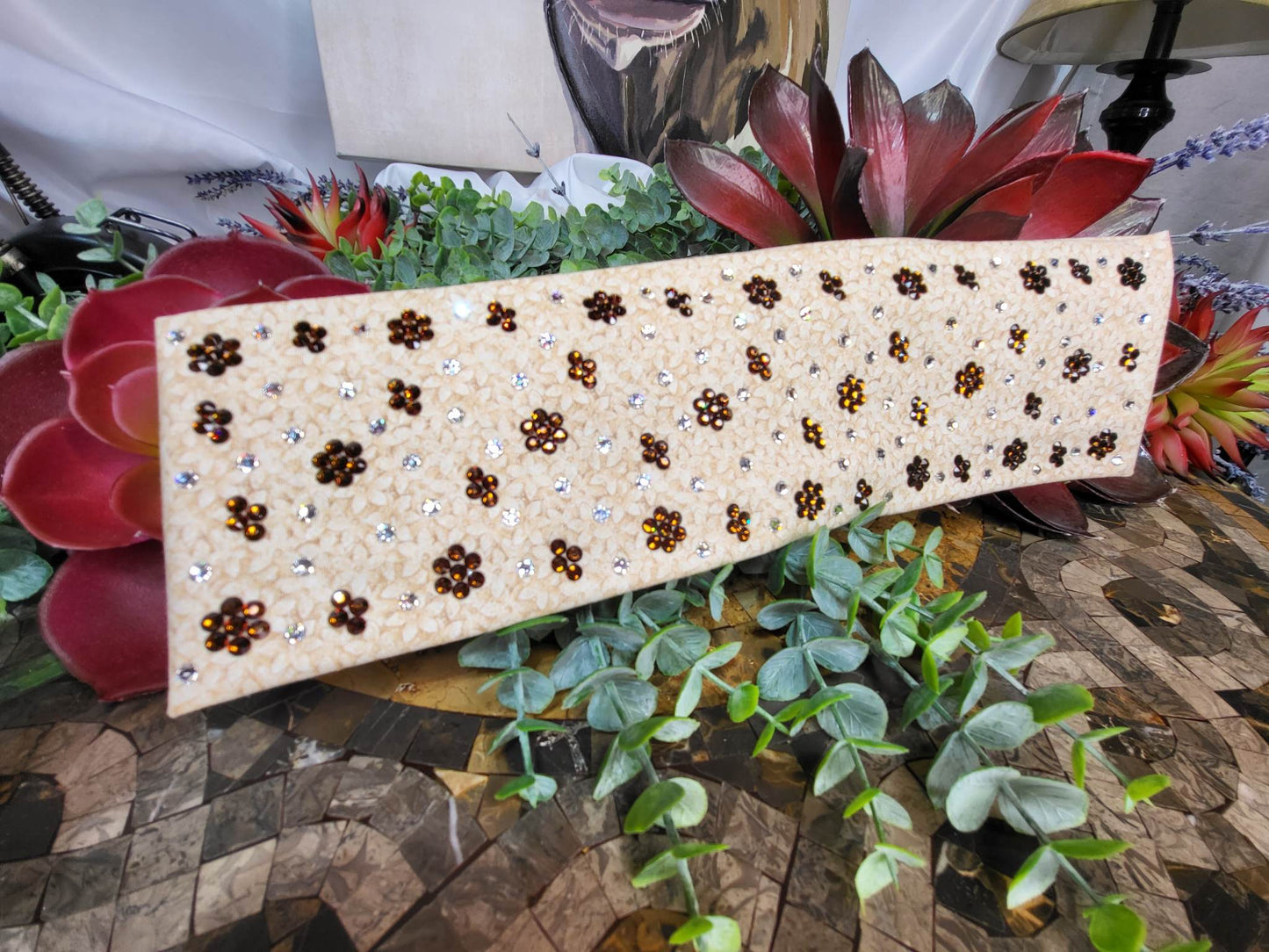LeeAnnette Tan Flowers with Brown and Diamond Clear Austrian Crystals (Sku4430)