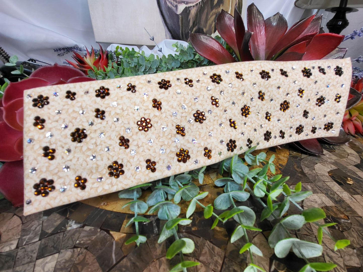 LeeAnnette Tan Flowers with Brown and Diamond Clear Austrian Crystals (Sku4430)