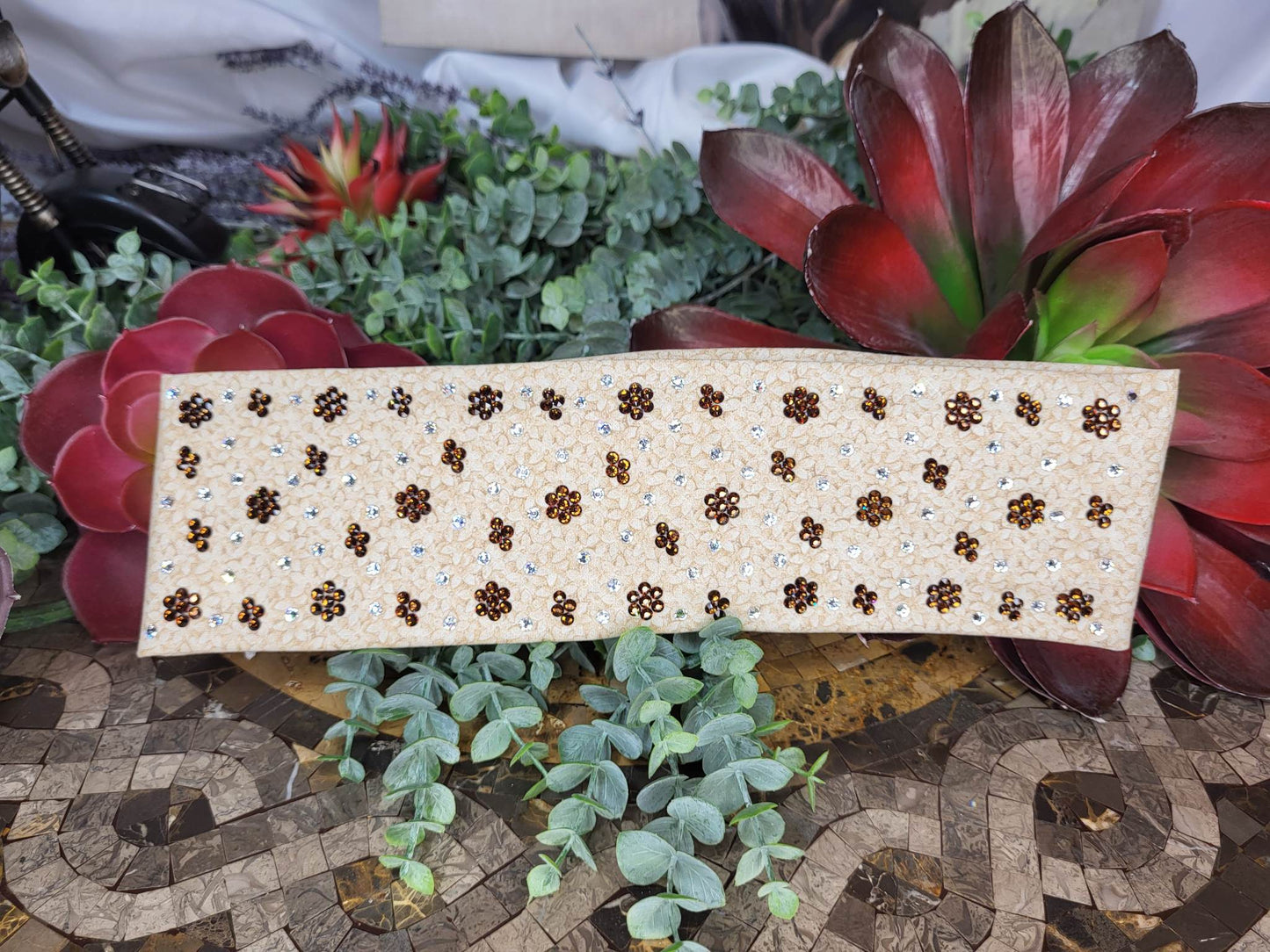 LeeAnnette Tan Flowers with Brown and Diamond Clear Austrian Crystals (Sku4430)