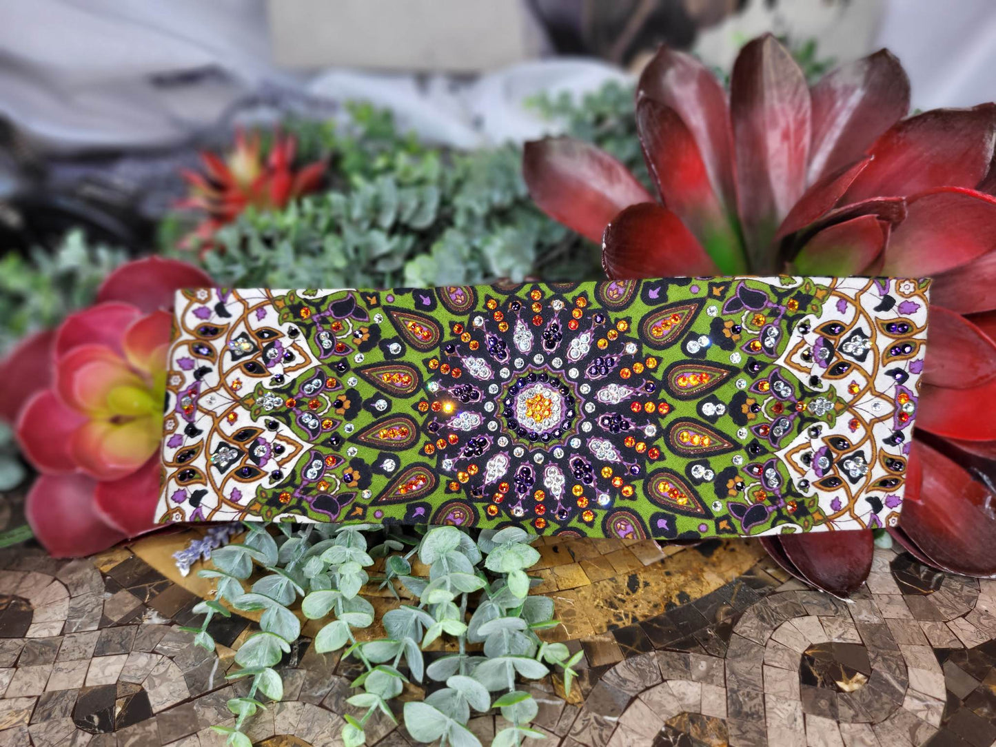 LeeAnnette Green and Purple Indian with Dark Purple, Fire Opal and Diamond Clear Austrian Crystals (Sku4438)