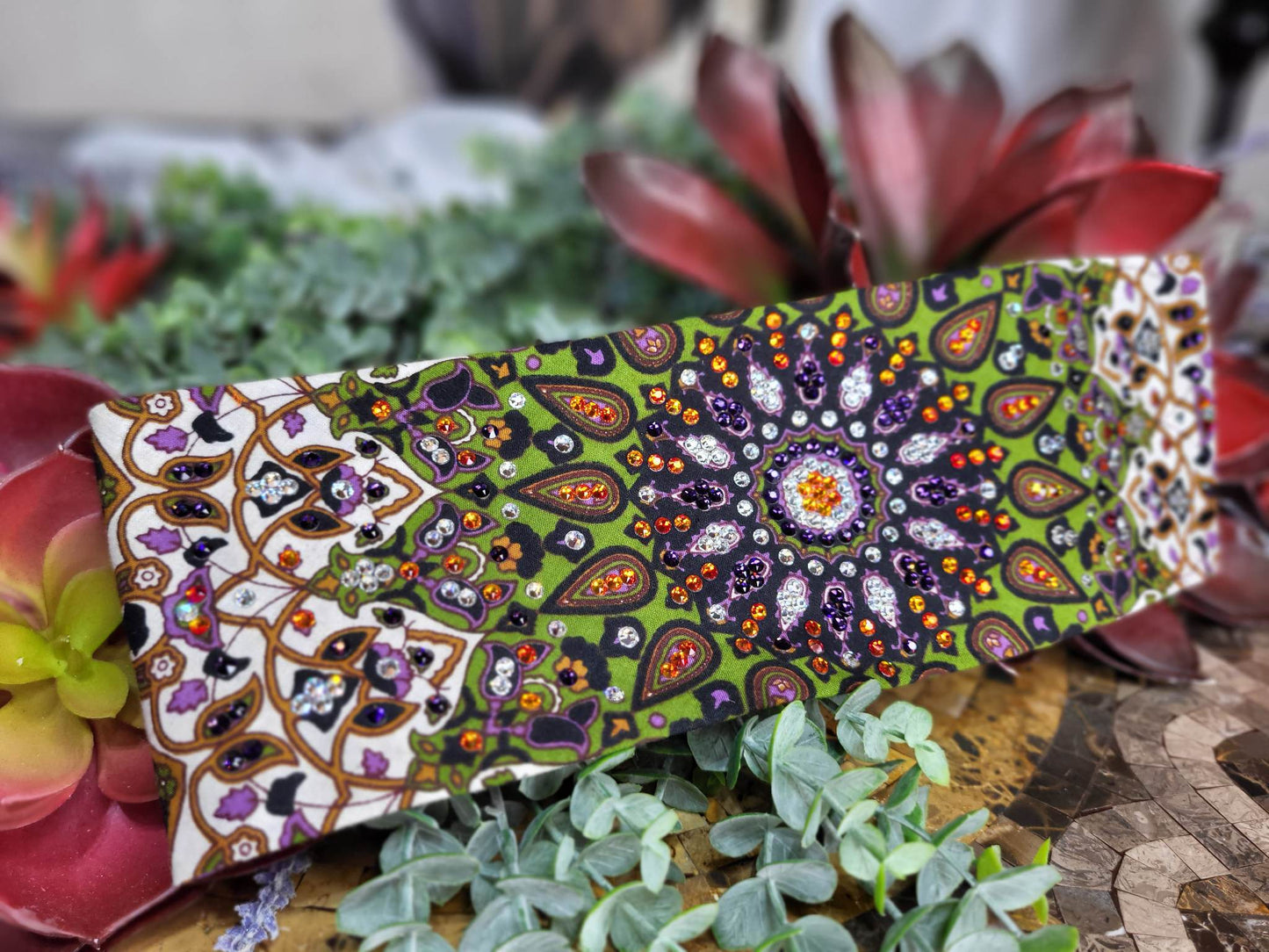 LeeAnnette Green and Purple Indian with Dark Purple, Fire Opal and Diamond Clear Austrian Crystals (Sku4438)