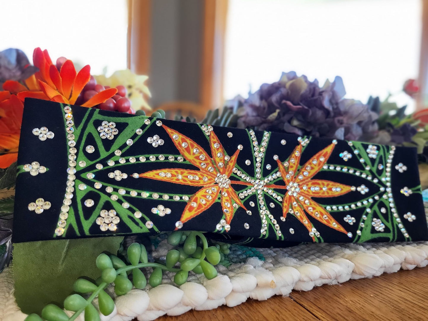 LeeAnnette Orange Hemp Leaves with Diamond Clear Austrian Crystals (sku4456)