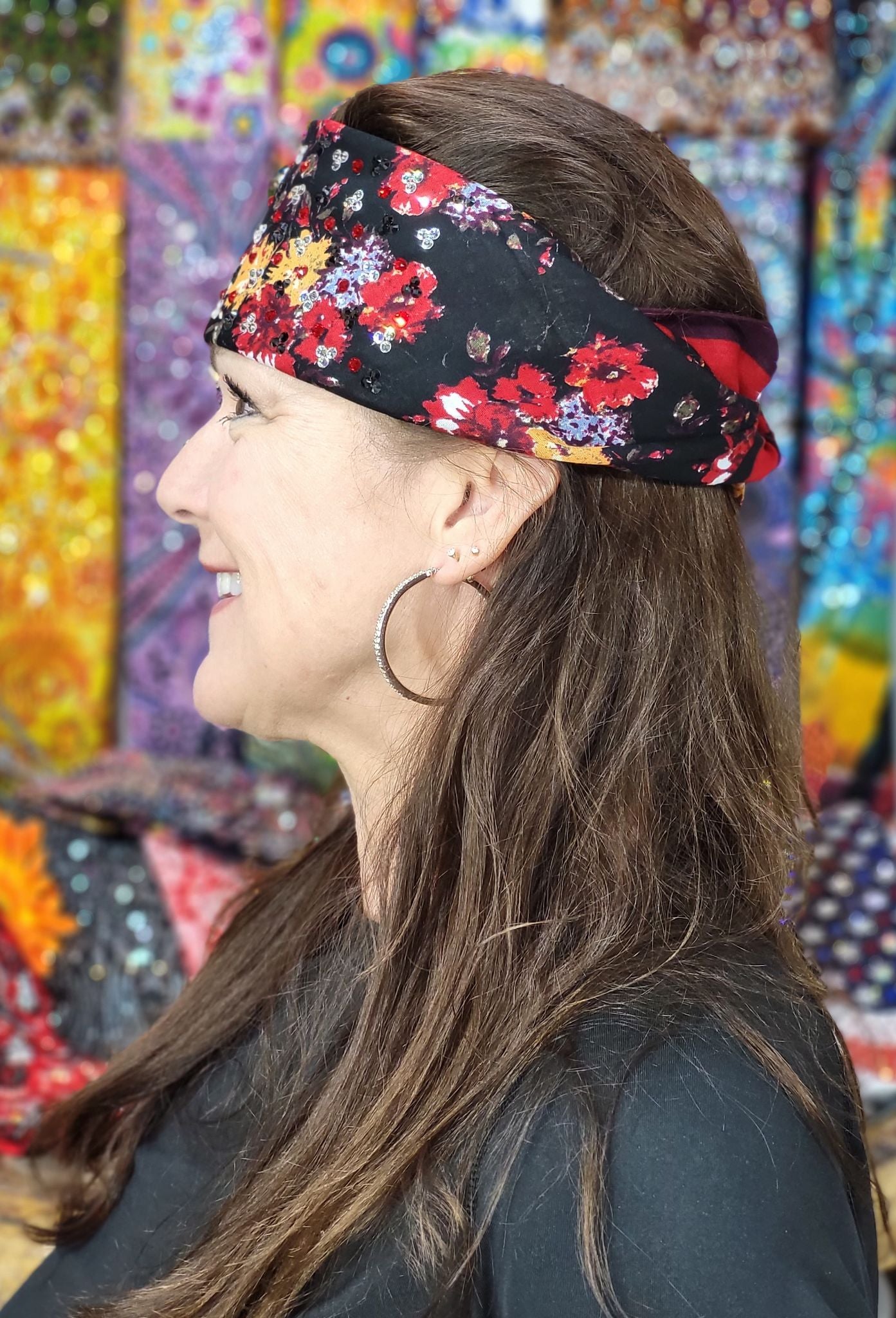 LeeAnnette Red, Blue and Yellow Flowers with Black, Red and Diamond Clear Austrian Crystals (Sku4466)