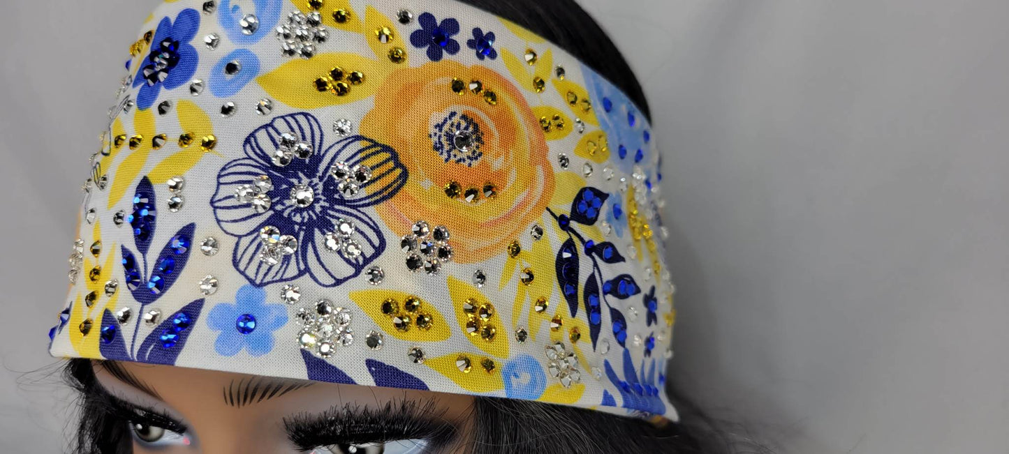 LeeAnnette Blue and Yellow Flowers with Blue, Yellow and Diamond Clear Austrian Crystals (sku4535)