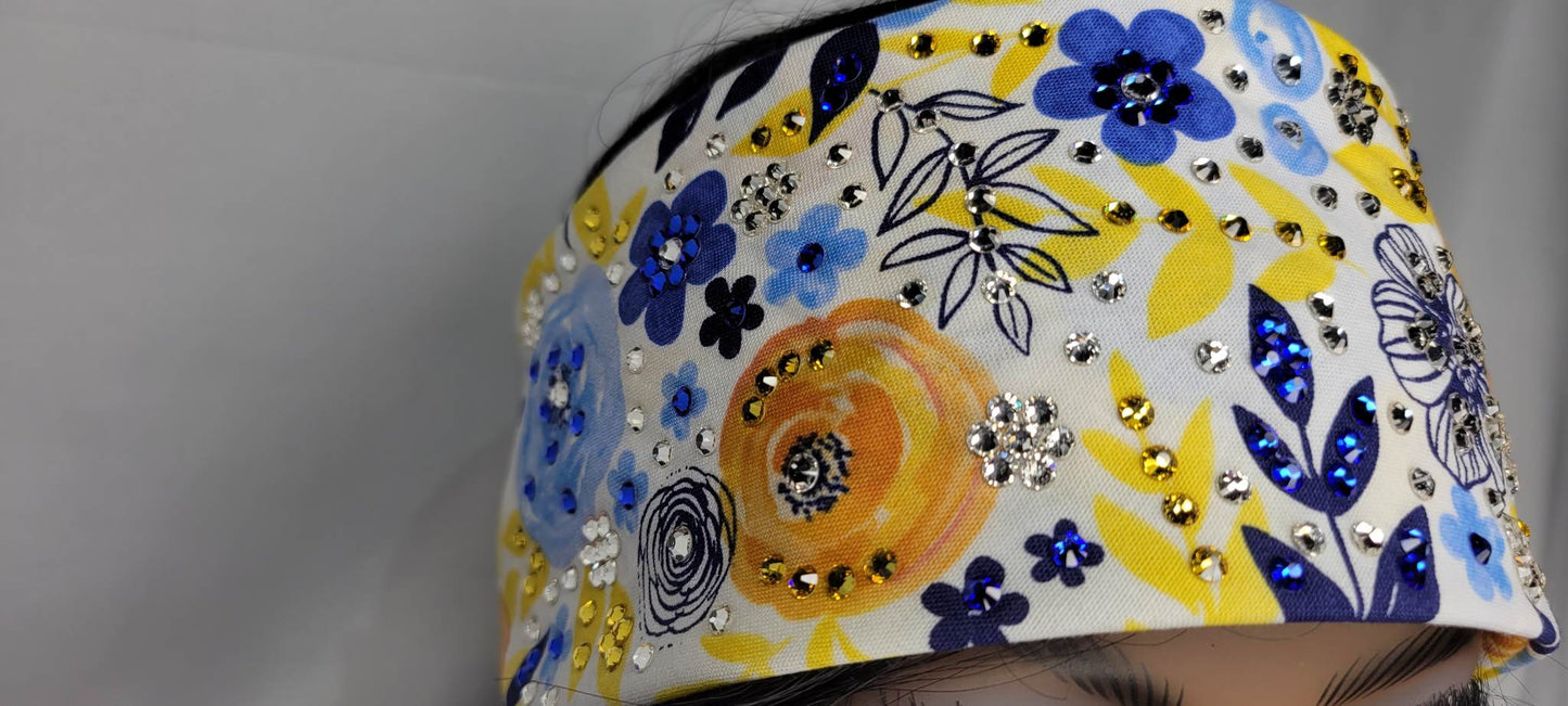 LeeAnnette Blue and Yellow Flowers with Blue, Yellow and Diamond Clear Austrian Crystals (sku4535)