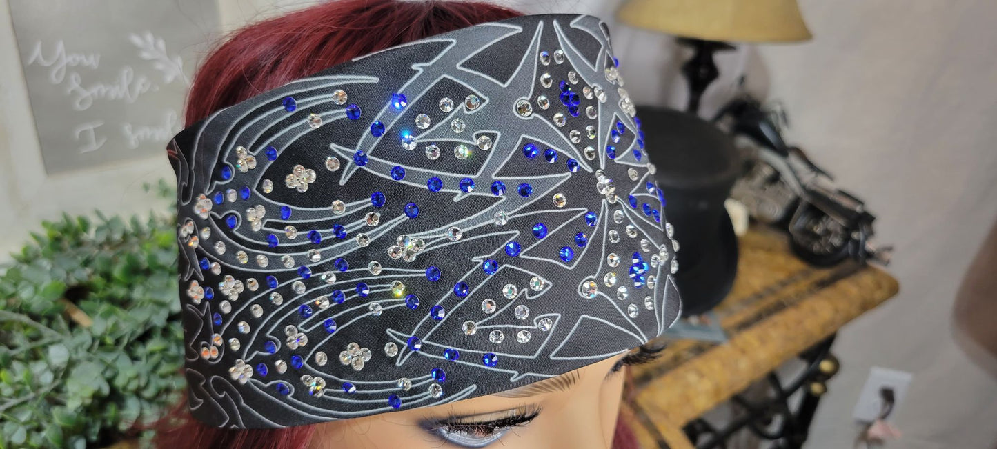 LeeAnnette Tribal Bandana with Blue and Diamond Clear Austrian Crystals (sku4552)