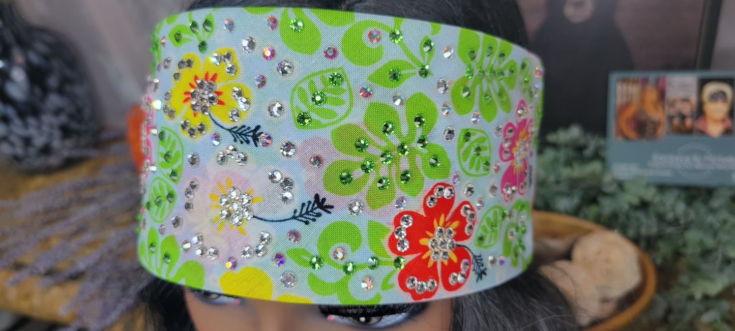 LeeAnnette Red, Yellow and Pink Flowers with Green, Aurora Borealis and Diamond Clear Austrian Crystals (sku4565)