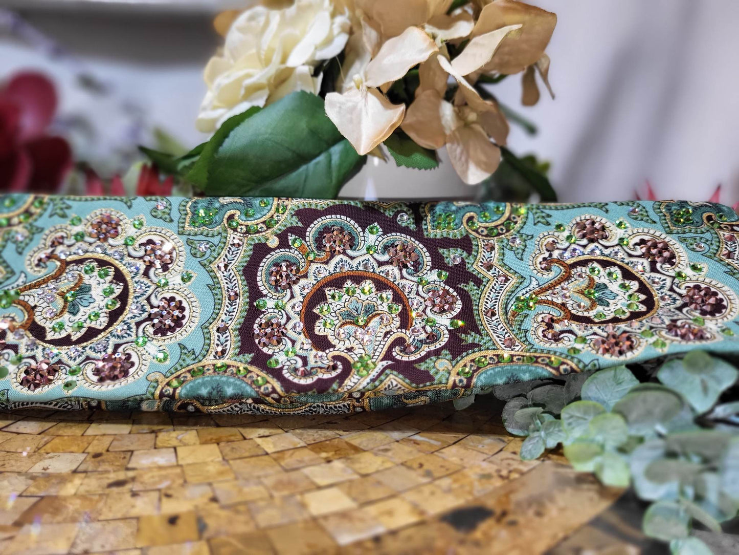 LeeAnnette Royal Green and Gold Bandana with Light Green, Rose Gold and Diamond Clear Austrian Crystals (sku4621)