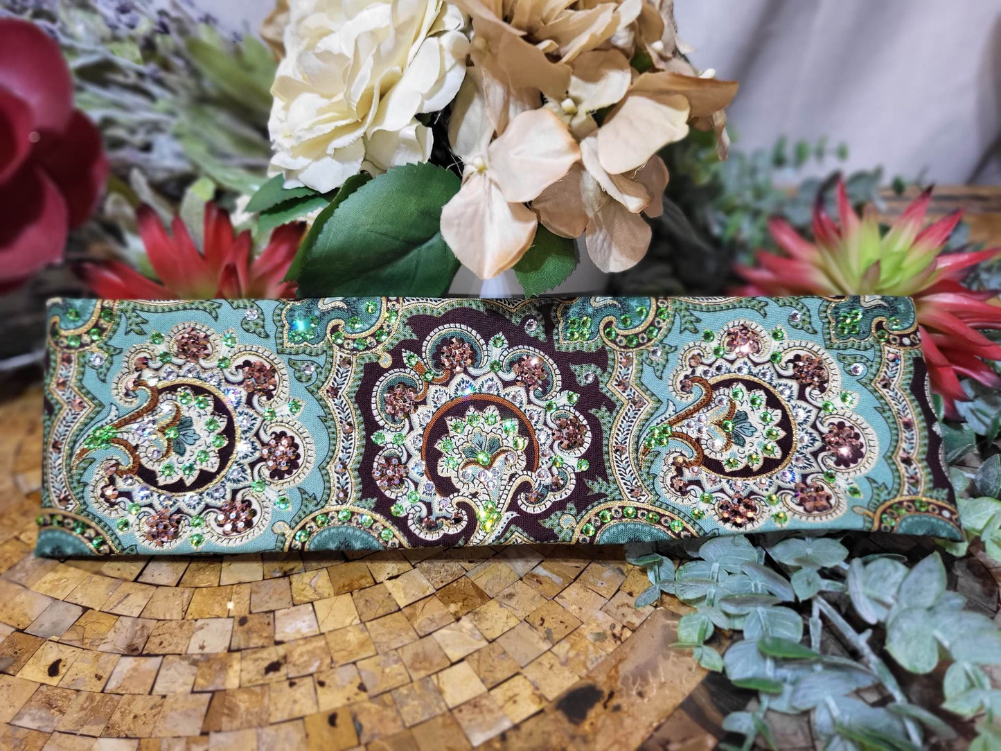LeeAnnette Royal Green and Gold Bandana with Light Green, Rose Gold and Diamond Clear Austrian Crystals (sku4621)