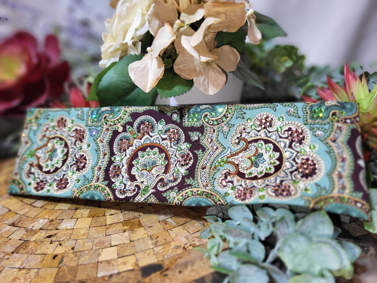 LeeAnnette Royal Green and Gold Bandana with Light Green, Rose Gold and Diamond Clear Austrian Crystals (sku4621)