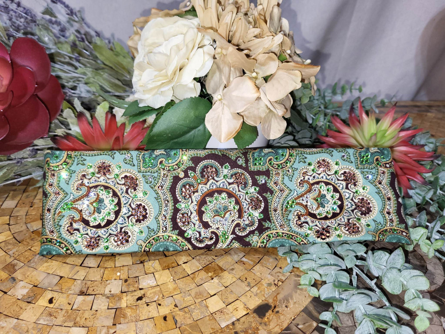 LeeAnnette Royal Green and Gold Bandana with Light Green, Rose Gold and Diamond Clear Austrian Crystals (sku4621)