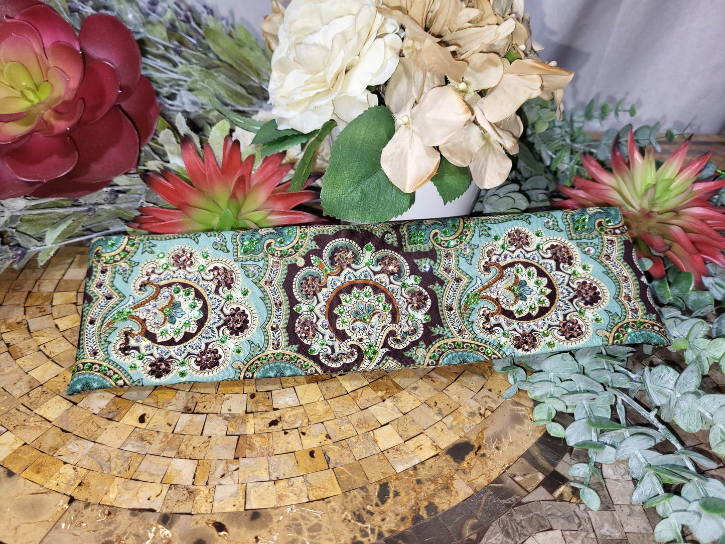 LeeAnnette Royal Green and Gold Bandana with Light Green, Rose Gold and Diamond Clear Austrian Crystals (sku4621)