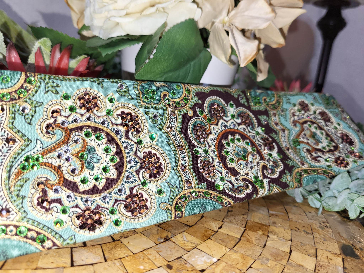 LeeAnnette Royal Green and Gold Bandana with Light Green, Rose Gold and Diamond Clear Austrian Crystals (sku4621)