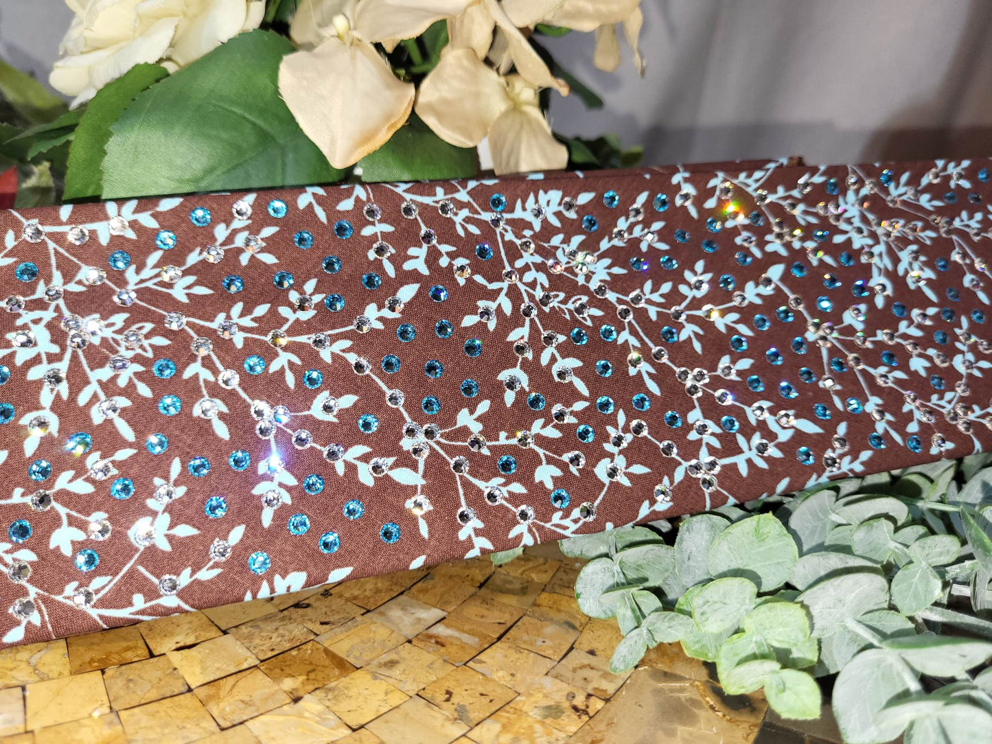 LeeAnnette Light Blue Leaves on Brown with Light Blue and Diamond Clear Austrian Crystals (sku4622)