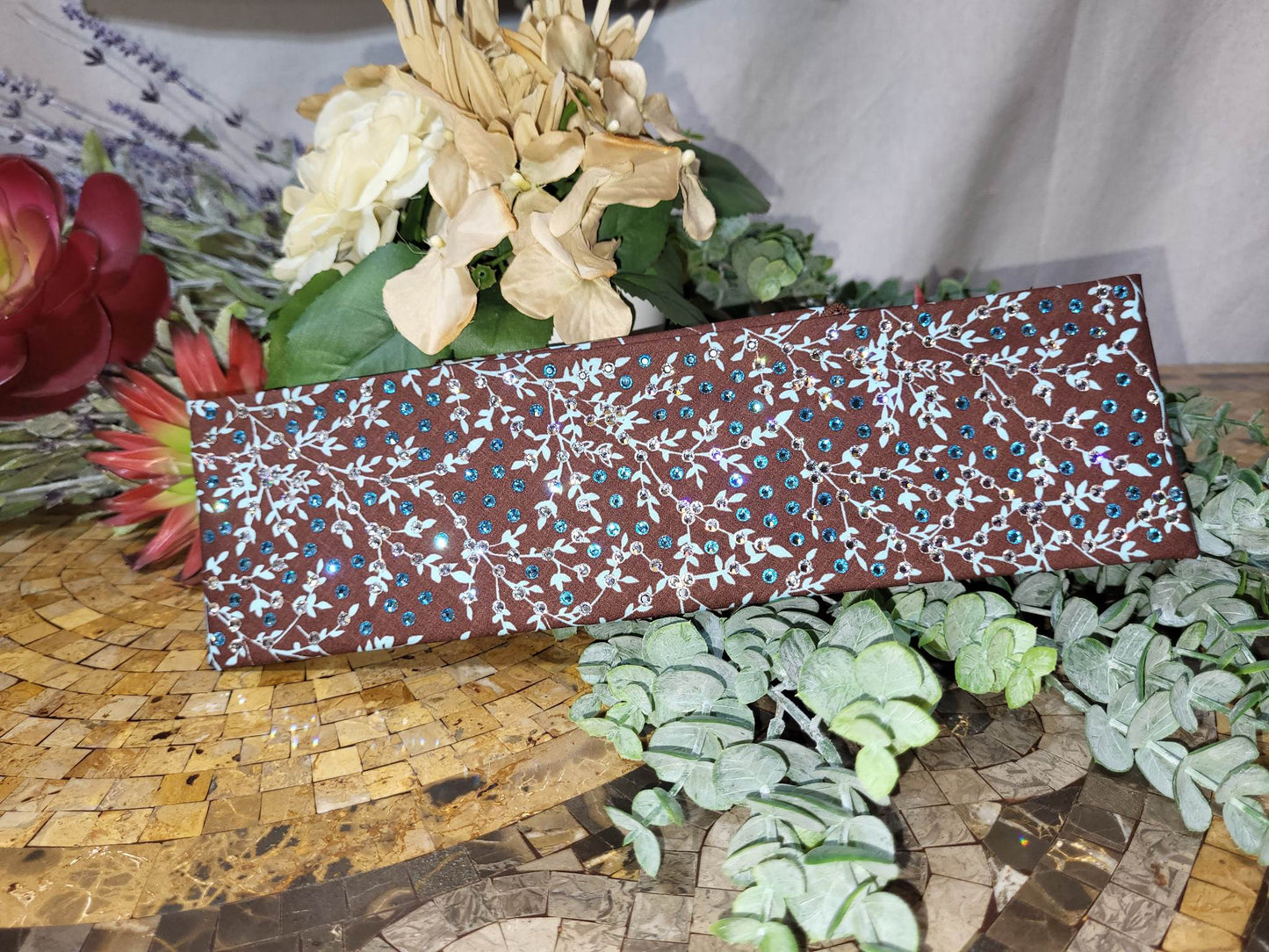 LeeAnnette Light Blue Leaves on Brown with Light Blue and Diamond Clear Austrian Crystals (sku4622)