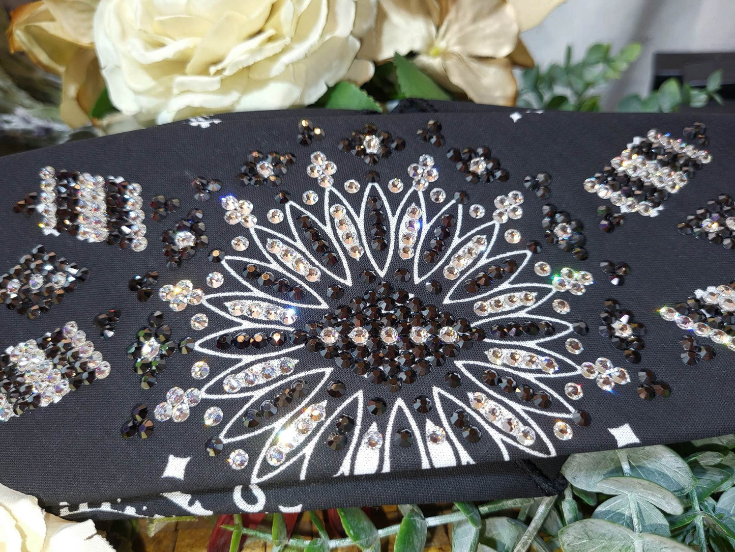 Super LeeAnnette Black Paisley Bandana with Black and Diamond Clear Austrian Crystals (Sku4250)