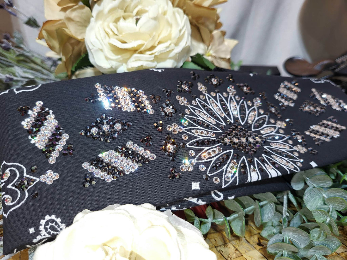 Super LeeAnnette Black Paisley Bandana with Black and Diamond Clear Austrian Crystals (Sku4250)