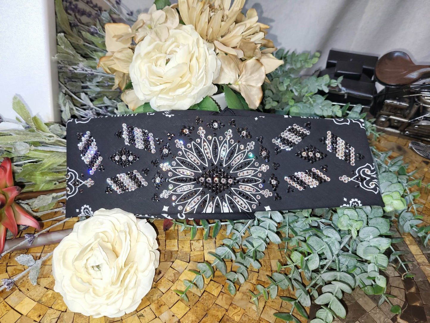 Super LeeAnnette Black Paisley Bandana with Black and Diamond Clear Austrian Crystals (Sku4250)