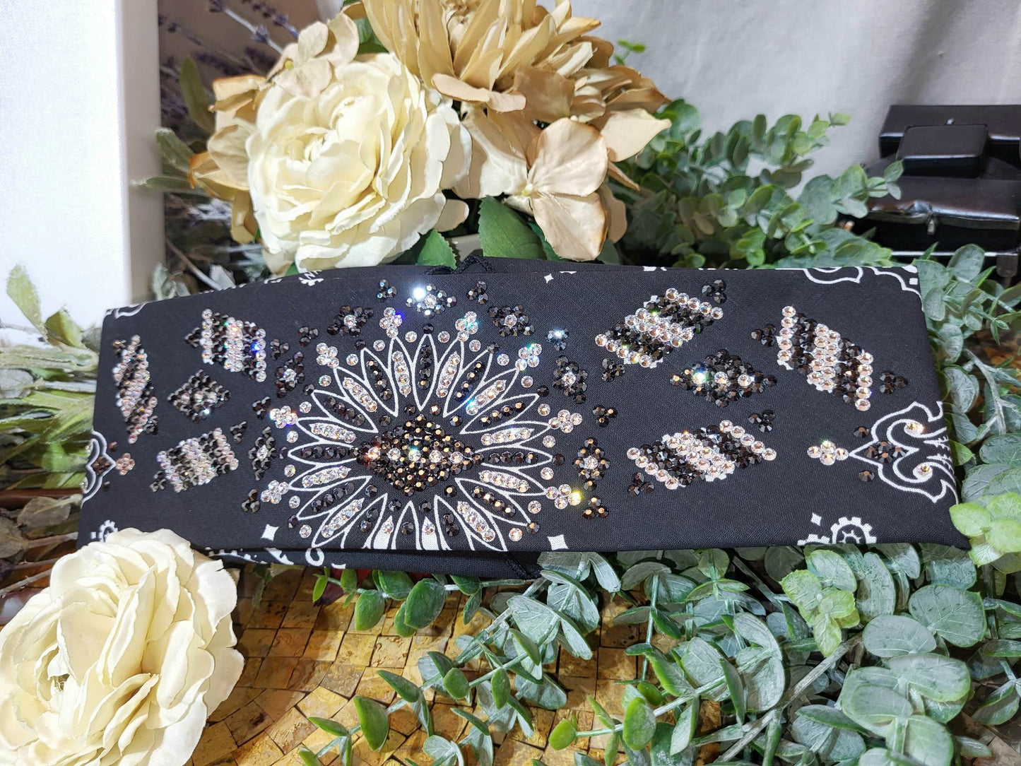 Super LeeAnnette Black Paisley Bandana with Black and Diamond Clear Austrian Crystals (Sku4250)