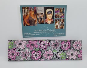 LeeAnnette Pink Flowers on Gray with Black, Pink and Diamond Clear Austrian Crystals (Sku4801)