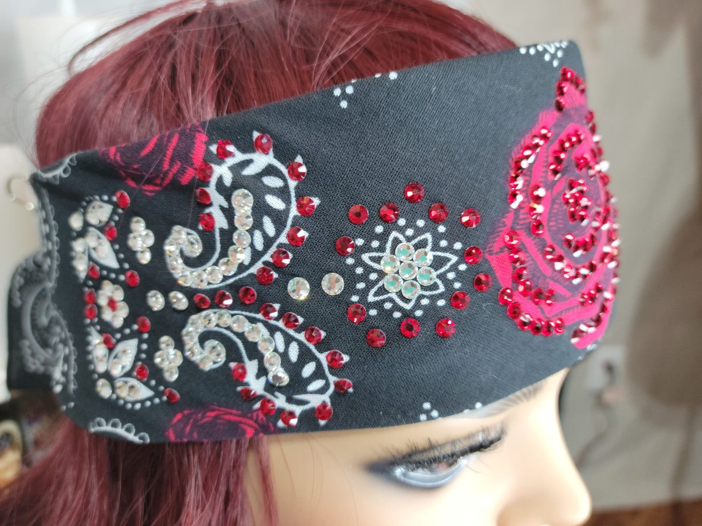 LeeAnnette Red Rose Bandana with Red and Diamond Clear Austrian Crystals (sku4802)