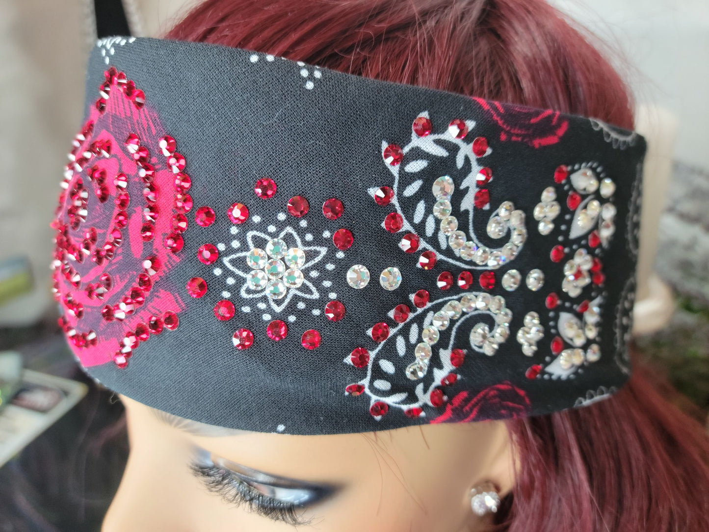 LeeAnnette Red Rose Bandana with Red and Diamond Clear Austrian Crystals (sku4802)