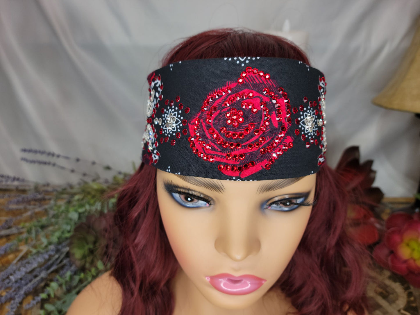 LeeAnnette Red Rose Bandana with Red and Diamond Clear Austrian Crystals (sku4802)