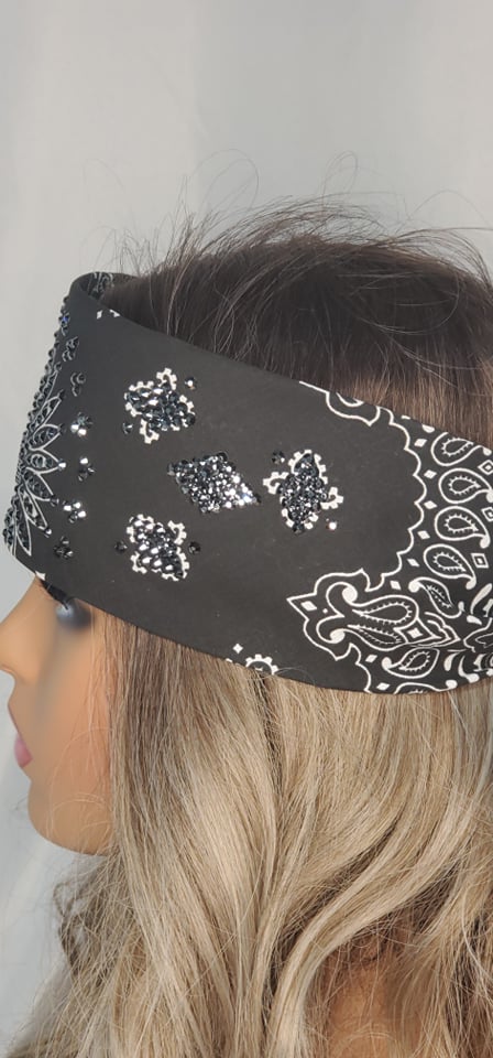 LeeAnnette Black Paisley Bandana with Black Austrian Crystals (Sku4909)