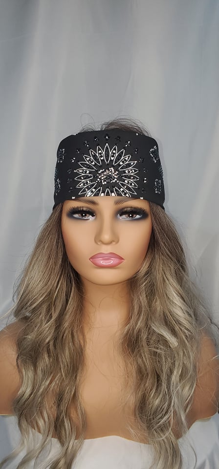 LeeAnnette Black Paisley Bandana with Black Austrian Crystals (Sku4909)