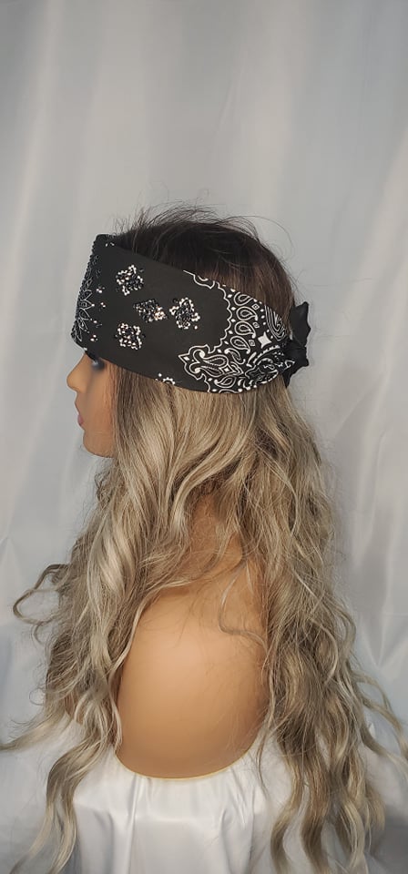 LeeAnnette Black Paisley Bandana with Black Austrian Crystals (Sku4909)