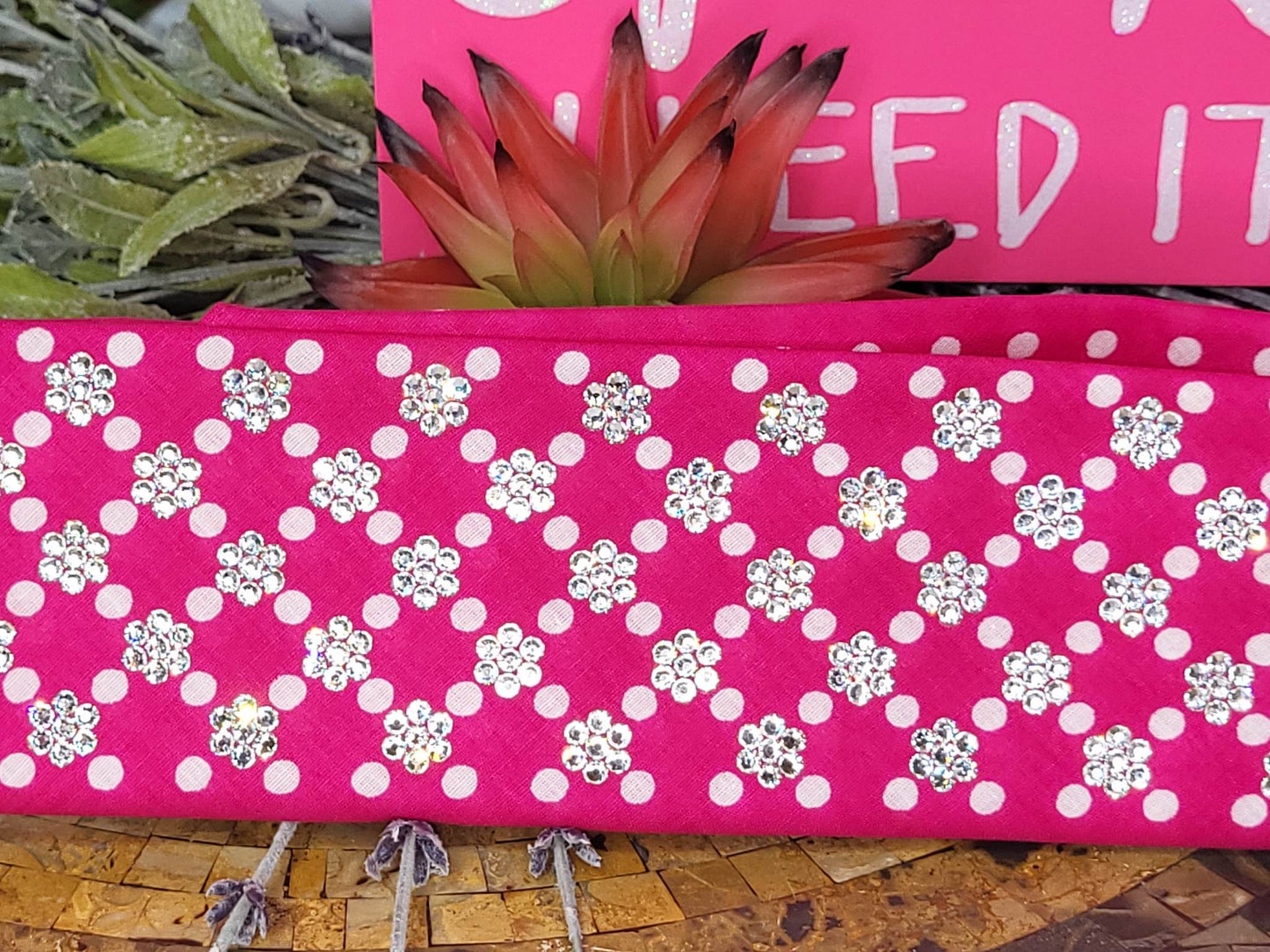 LeeAnnette Pink and White Polka Dots Bandana with Diamond Clear Austrian Crystals (4941)
