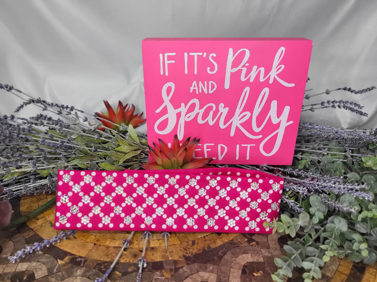 LeeAnnette Pink and White Polka Dots Bandana with Diamond Clear Austrian Crystals (4941)