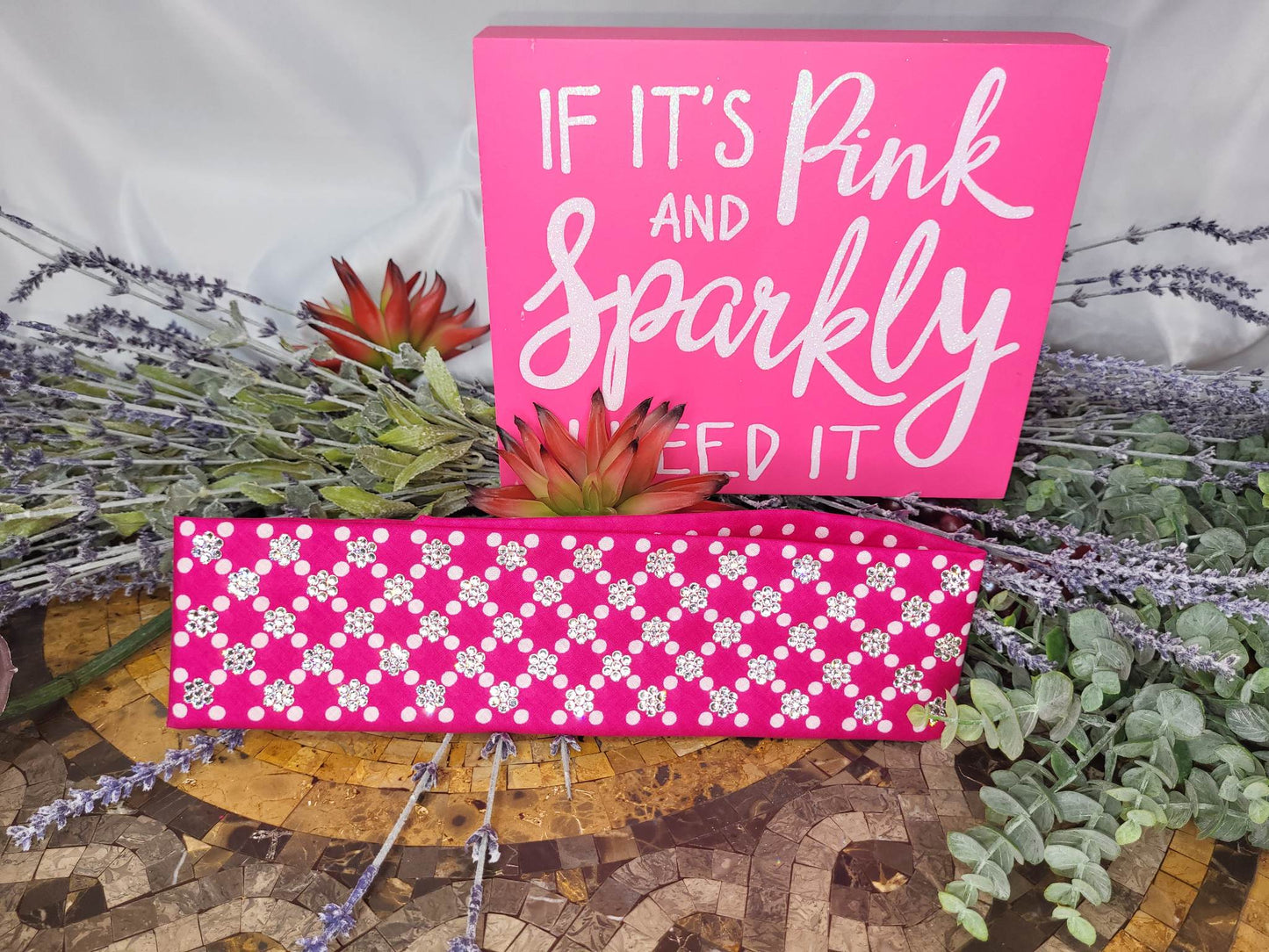 LeeAnnette Pink and White Polka Dots Bandana with Diamond Clear Austrian Crystals (4941)