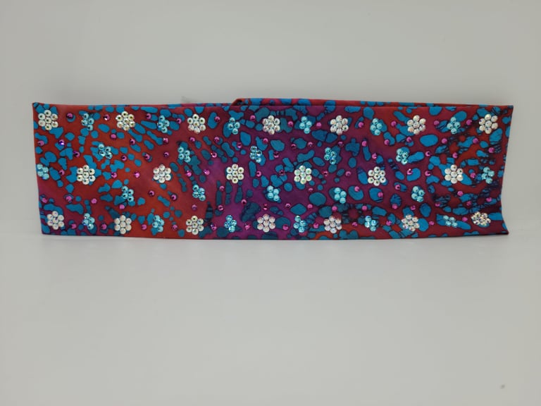 LeeAnnette Blue and Pink Tie Dye Paisley Bandana with Rose, Aqua and Aurora Borealis Crystals (4965)