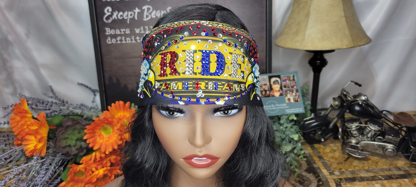 LeeAnnette Ride American Bandana with Blue, Red and Diamond Clear Austrian Crystals (sku4567)