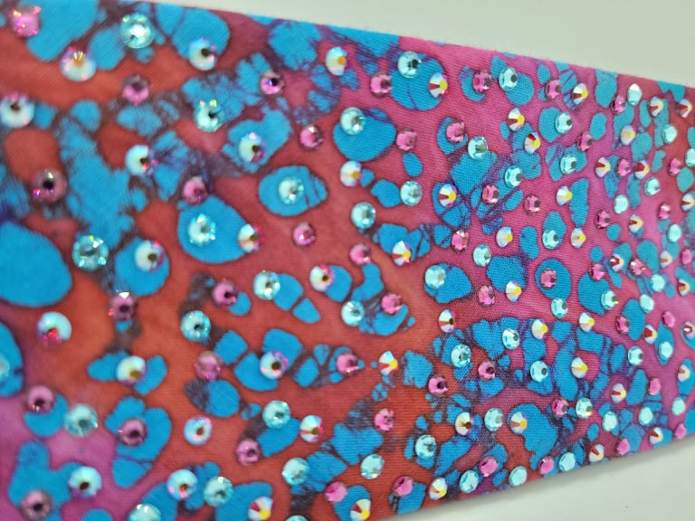 LeeAnnette Blue and Pink Tie Dye Paisley with Fuchsia, Aqua and Purple/Red Shimmer Crystals (4976)