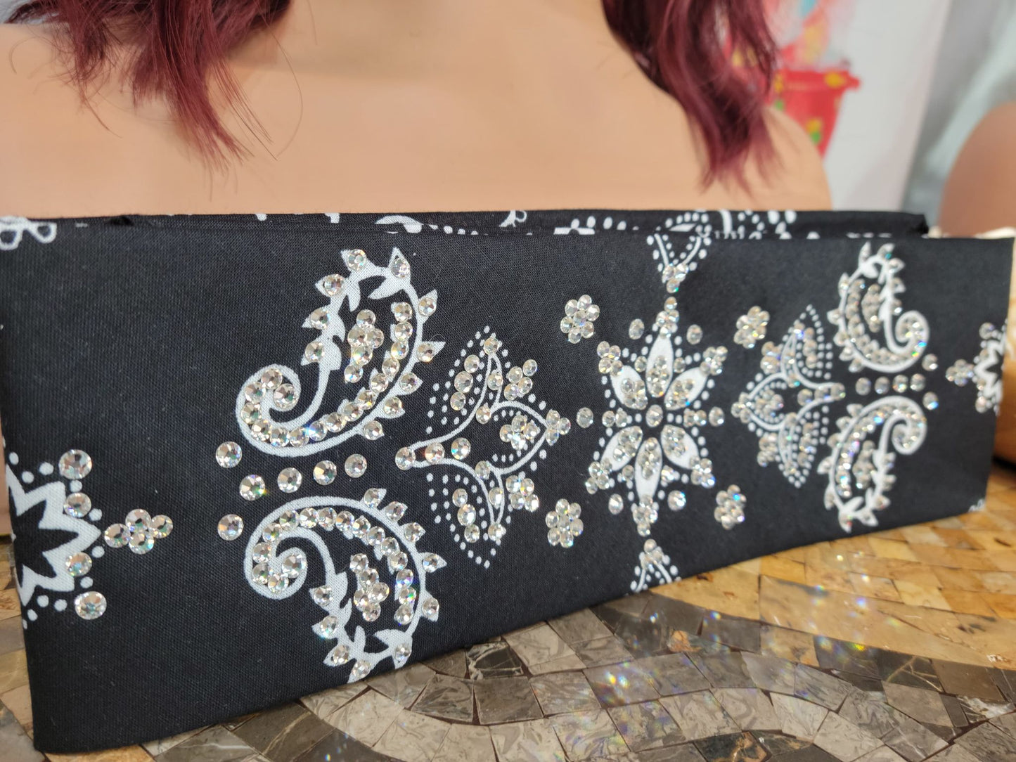 LeeAnnette Black Flower Paisley with Diamond Clear Austrian Crystals (sku4984)