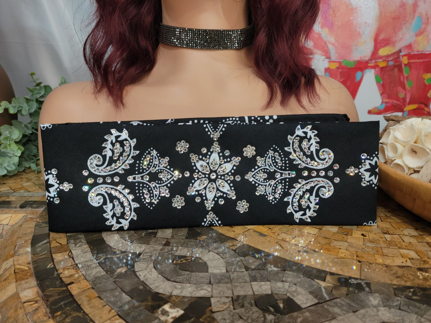 LeeAnnette Black Flower Paisley with Diamond Clear Austrian Crystals (sku4984)